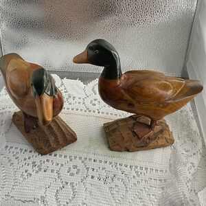 Vintage Hand-Carved Painted Wooden Mallard Ducks Folk Art Wildlife Cabin Decor